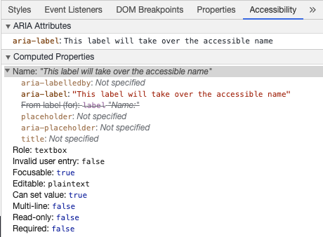 Інструменти розробника Chrome показують доступну назву input з aria-label